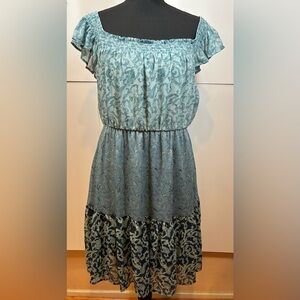 Rewind Boho Paisley Tiered Babydoll Dress Smocked Neck Blue Size XL